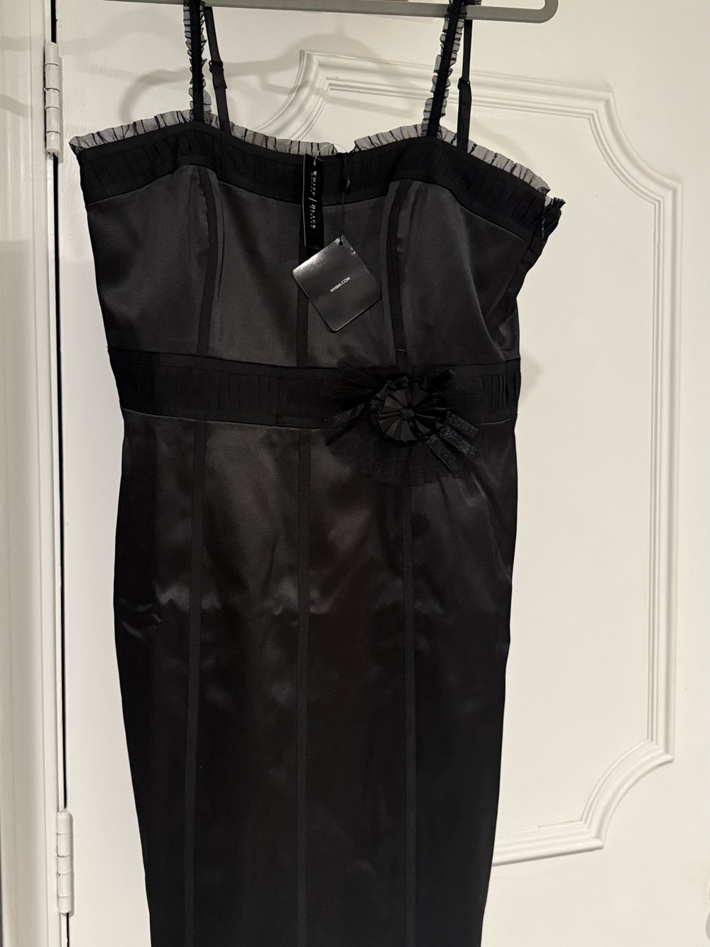 White House Black Market Black Strapless Satin Sheath Dress with Floral Accent